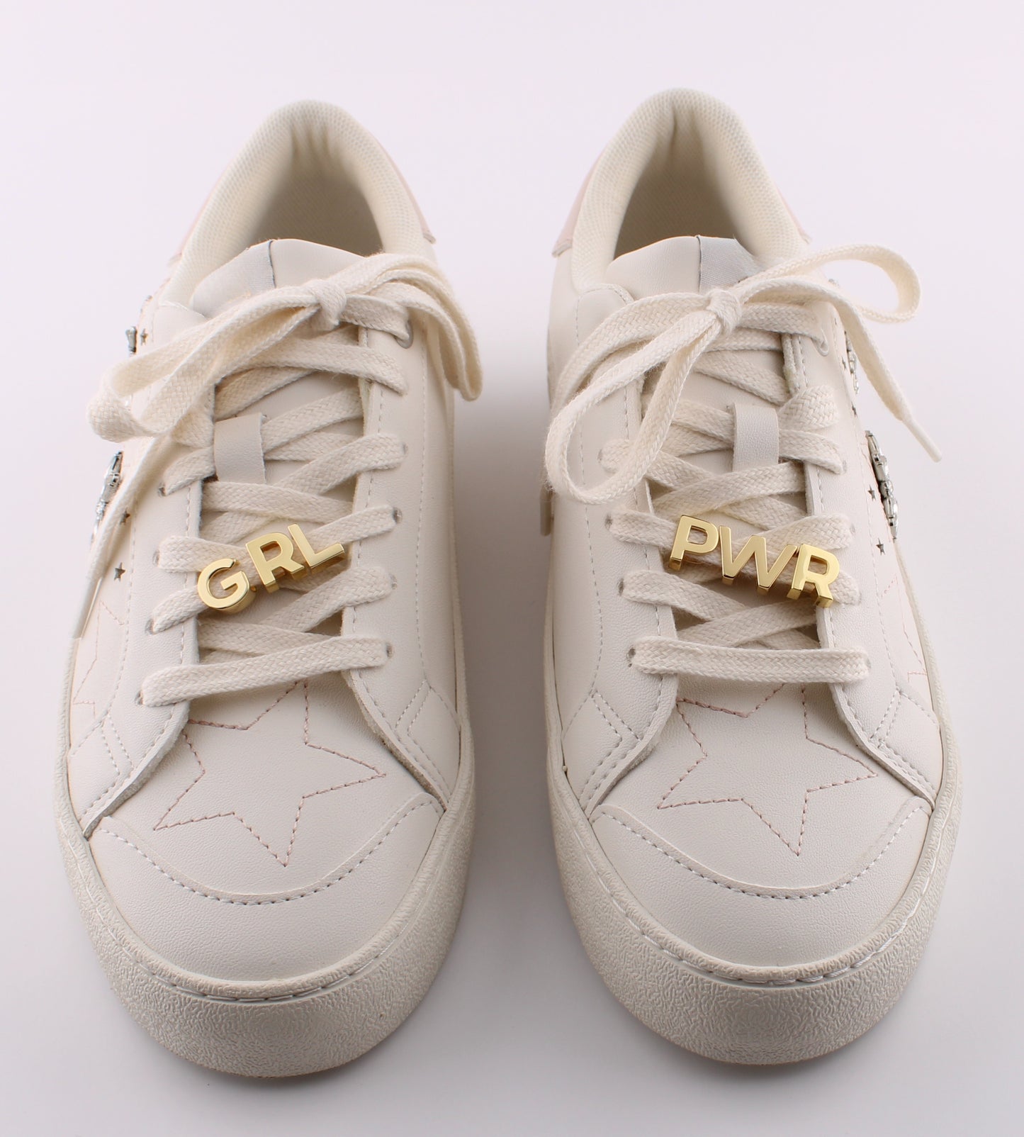 Gold Girl Power sneaker charm set on tan suede sneakers - personalized shoelace charms