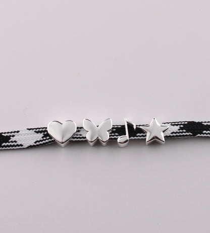Silver emoji sneaker charms heart butterfly music note and star on black checkered shoelace - silver emoji charms