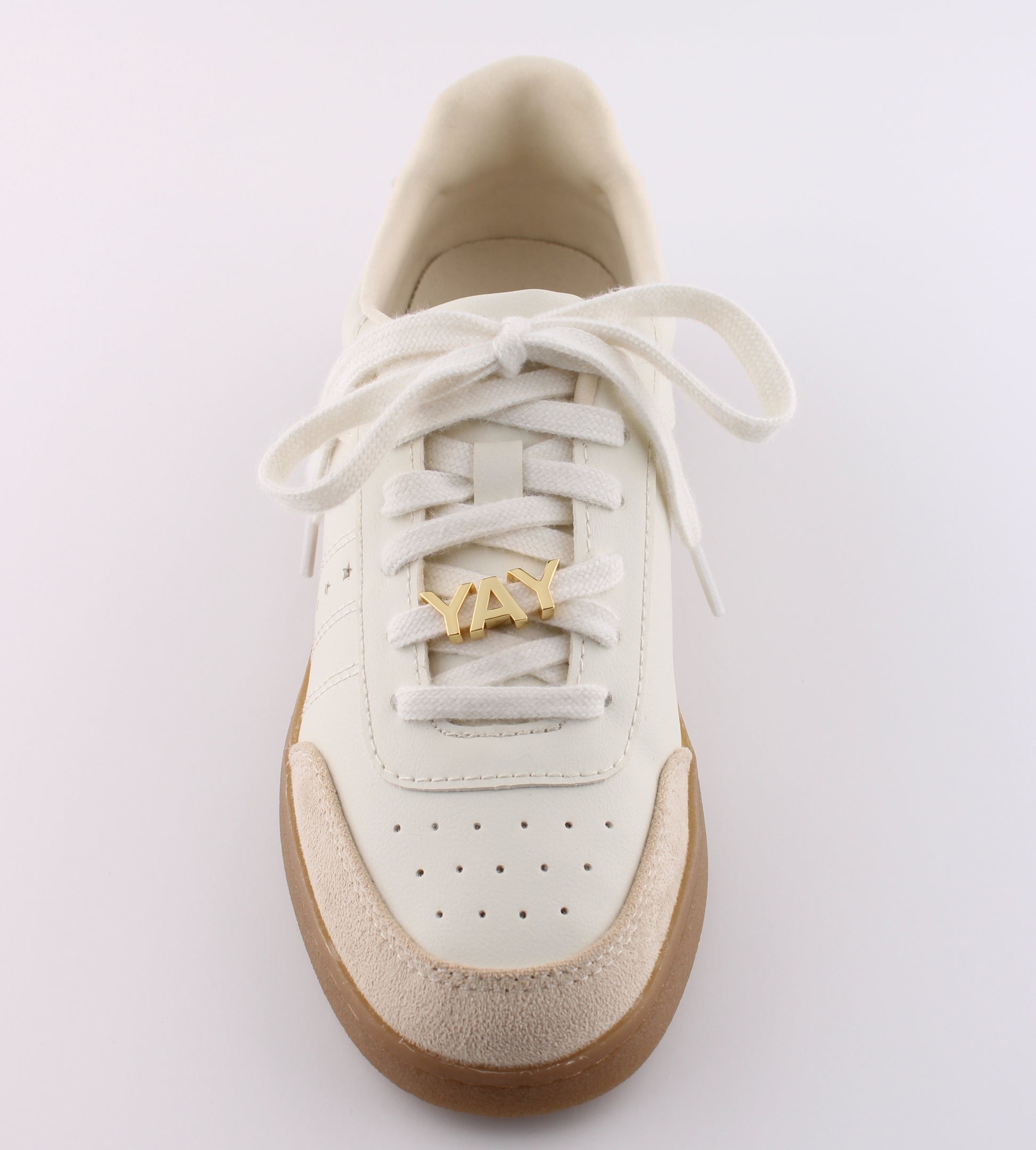 White sneaker with gold YAY letter charms on shoelace - personalized sneaker charm set